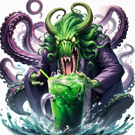 anime artwork koolaide man chuthulu yelling "Oh yeah!" and crashing through the abyss, eldritch abomination with tentacles, the old god, green, hyper detailed, refreshing drink . anime style, key visual, vibrant, studio anime, highly detailed