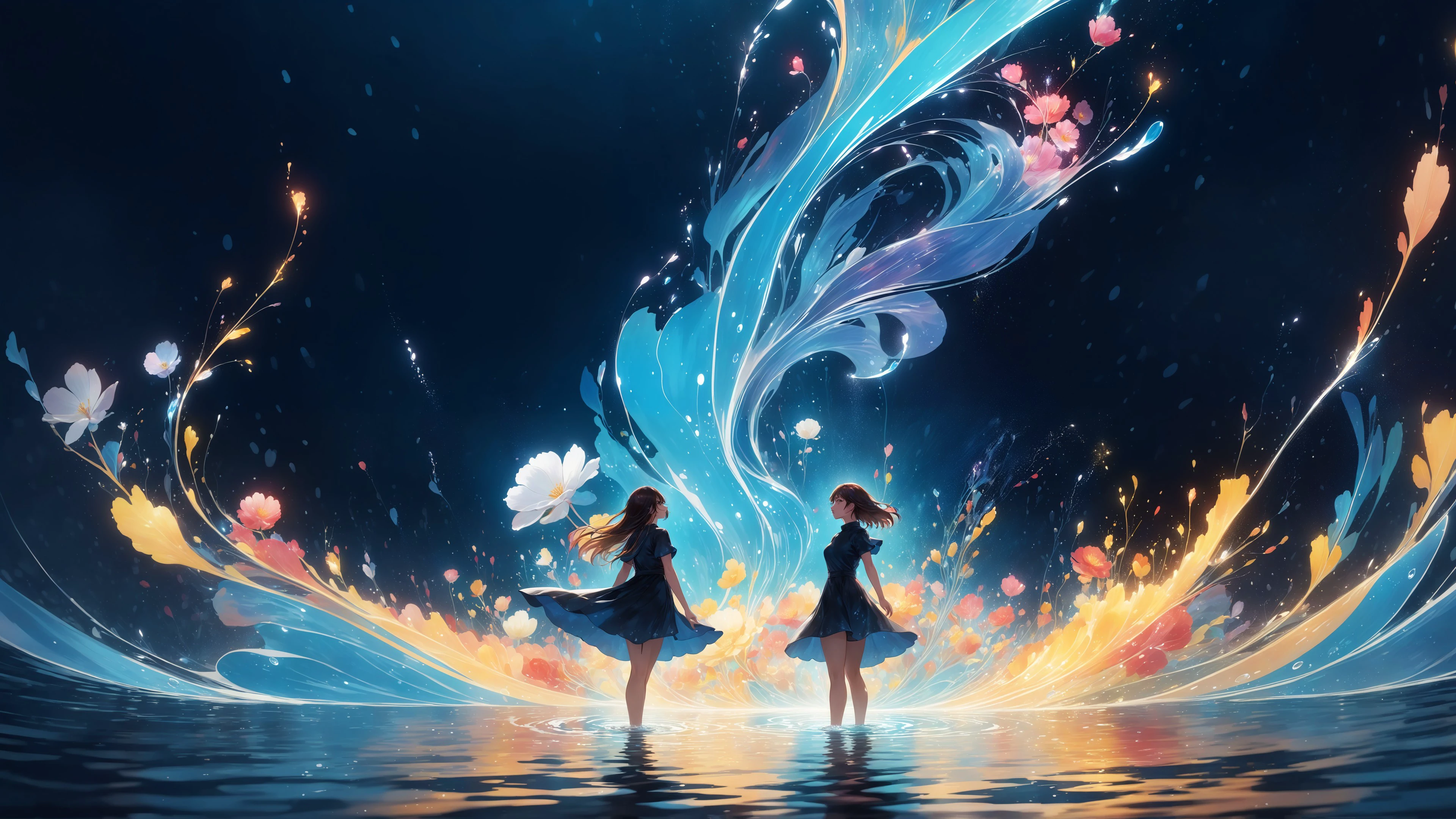 (masterpiece, best quality, highres, anime, pixiv), (1girl, solo, full body, standing on an abstract water), (bloom, swirling lights, light particles, detailed, 8k),
