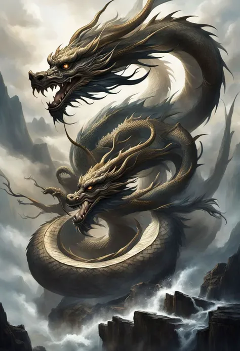 masterpiece, chinese dragon, long dragon, Loong,fangs,fantasy, mythical, art , epic lighting, high quality, highly detailed, masterpiece, epic,divine beast ,best quality, masterpiece, floating,style by nty,cloud,monochrome, wallpaper