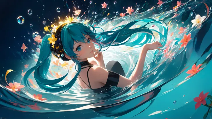 (masterpiece, best quality, highres, anime art style, pixiv), (1girl, solo, in an abstract water, looking at viewer, hatsune miku), (romanticized, bloom, swirling lights, light particles),