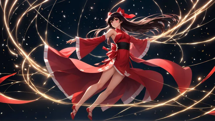 (masterpiece, best quality, highres, anime art style, pixiv), (1girl, solo, hakurei reimu, straight hair, long hair, full body), (romanticized, bloom, swirling lights, light particles, dark)