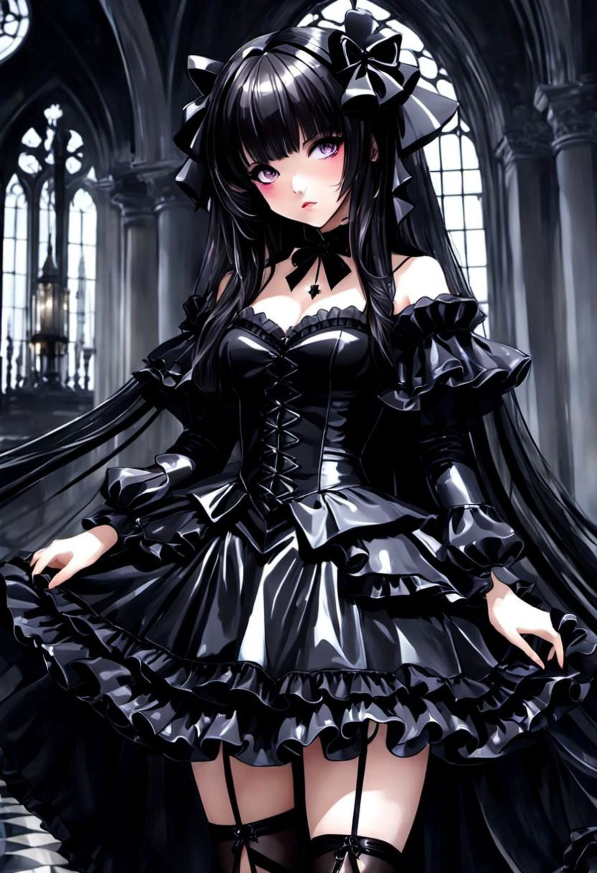 (gothic, gothic tafashion, dark persona:1), (corrupted dark magical girl, long hair:1.2), (gothic frilly lolishion dress:1.2), (latex gloves, multilayered dress:1), (shiny glossy translucent clothing, gleaming oily latex fabric:1.1), backlight, (gothiclolita boots, shoes focus, fishnet stockings:1.2), (many frills, big bow, lace:1.3), (glossy lips, eyeshadow, mascara, dark makeup:1.2), (sitting on latex sofa:1.3), (gloomy:1.1),