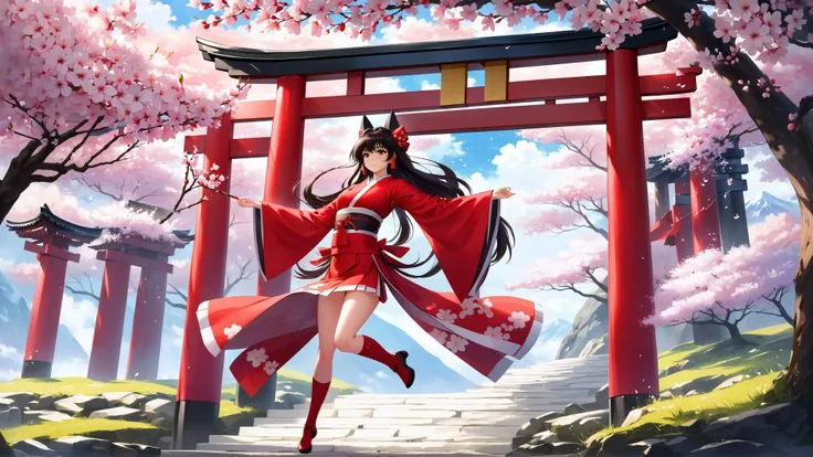 (masterpiece, best quality, highres, anime art style, pixiv), (1girl, solo, hakurei reimu, straight hair, long hair), (miko, shrine, cherry blossoms, scenery),