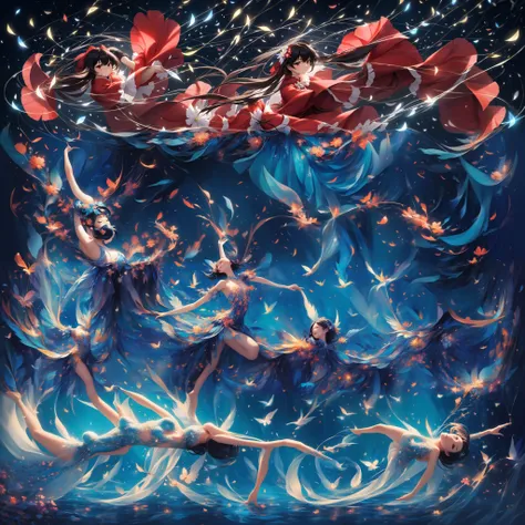 (masterpiece, best quality, highres, anime art style, pixiv), (1girl, solo, hakurei reimu, straight hair, long hair, full body), (romanticized, bloom, swirling lights, light particles, dark)