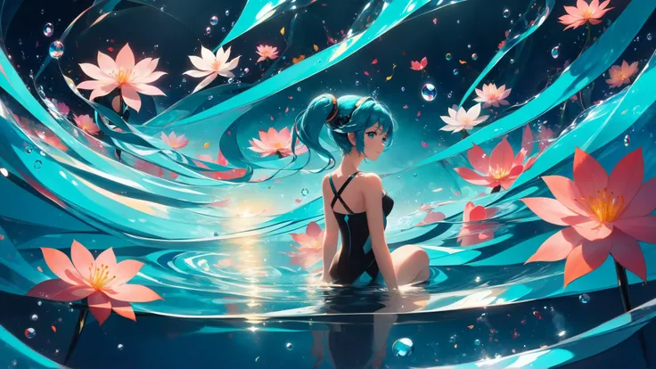 (masterpiece, best quality, highres, anime art style, pixiv), (1girl, solo, in an abstract water, looking at viewer, hatsune miku), (romanticized, bloom, swirling lights, light particles),