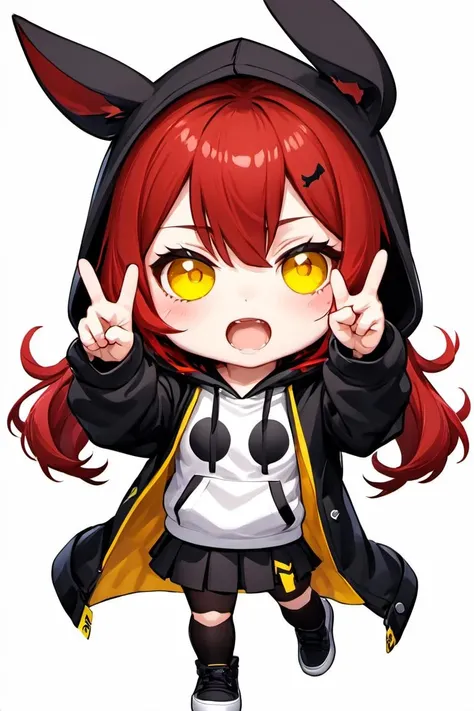 <lora:chibiemote_xl-off:1> chibi, chibi emote style, emote, 1girl,solo, yellow eyes, victory sign,black hoodie,upper bodyhappt, open mouth, shot hair, drill hair, red hair, white white background,