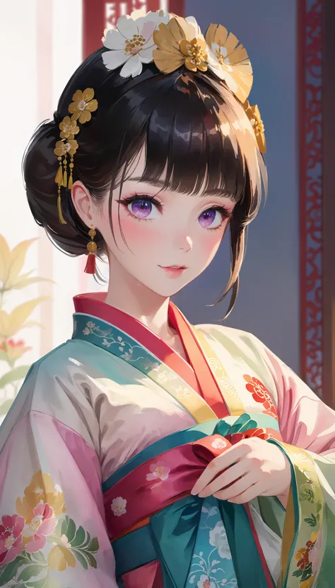 (korean hanbok, traditional oriental clothing, autumn, watercolor painting:1.2), embroidered fabric, sexy, patterned brocade, gorgeous woman, anime illustration, perfect face, large breasts, incredible anatomy, looking at viewer, youhua, impressionistic, painterly brushstrokes