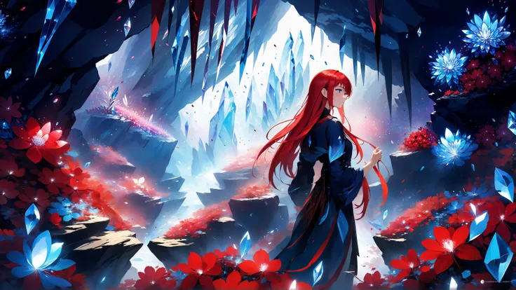 (anime, pixiv, masterpiece, best quality, highres), (1girl, red hair, straight hair, long hair, blue eyes, upper body), (abstract, abstract background, bloom, dark), (crystal cave, crystals, red flowers, petals, light particles, swirling lights), (wallpaper, 8k, high resolution), (red plant),
