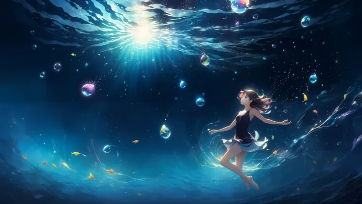 (anime, pixiv, masterpiece, best quality, highres), (1girl, solo), (light particles, floating object), (abstract, dark, swirling lights, underwater, ocean), (wallpaper, 8k, high resolution),