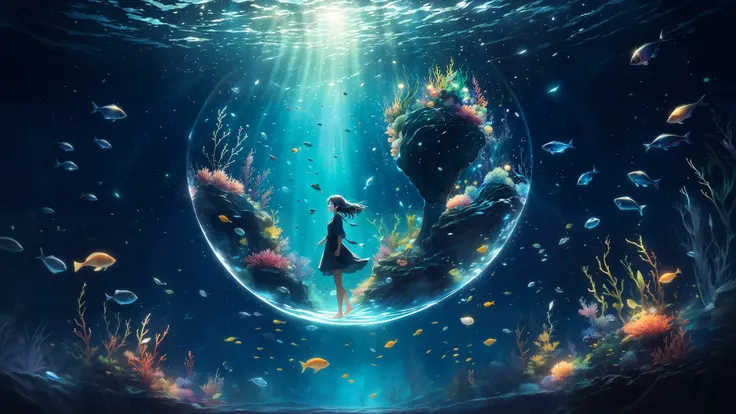 (anime, pixiv, masterpiece, best quality, highres), (1girl, solo), (light particles, floating object, fish), (abstract, dark, swirling lights, underwater, ocean, vegetation), (wallpaper, 8k, high resolution),