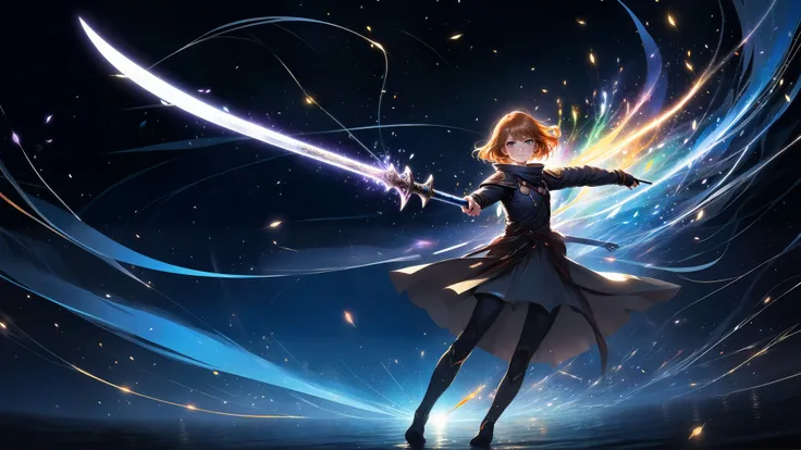 (anime, pixiv, masterpiece, best quality, highres), (1girl, solo, pointing sword), (light particles, floating object), (abstract, dark, swirling lights), (wallpaper, 8k, high resolution),