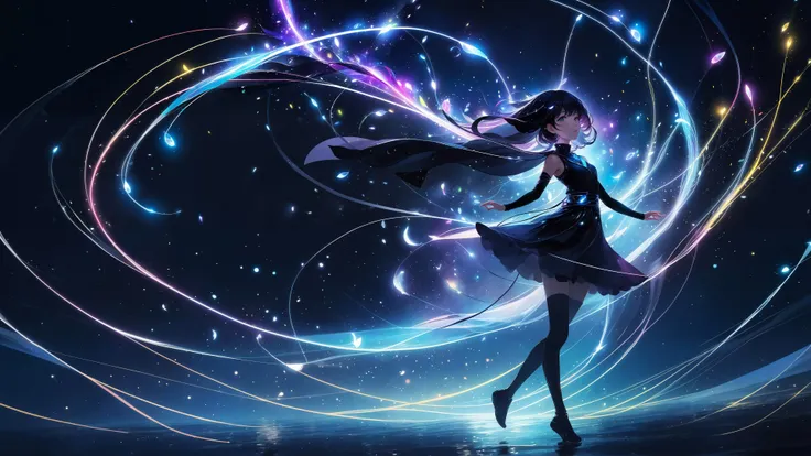 (anime, pixiv, masterpiece, best quality, highres), (1girl, solo), (light particles, floating object), (abstract, dark, swirling lights), (wallpaper, 8k, high resolution),