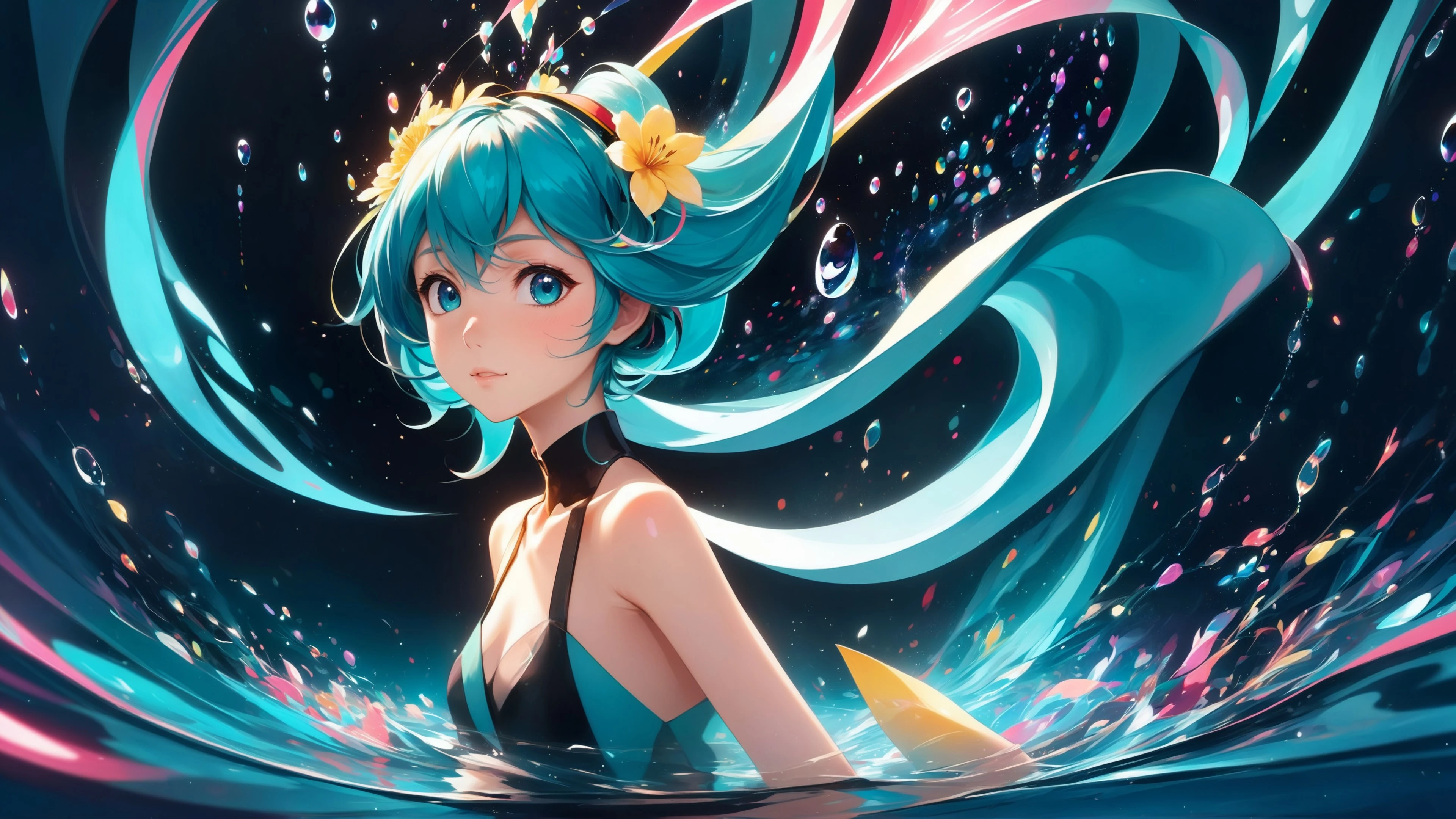 (masterpiece, best quality, highres, anime art style, pixiv), (1girl, solo, in an abstract water, looking at viewer, hatsune miku, looking back), (romanticized, bloom, swirling lights, light particles),