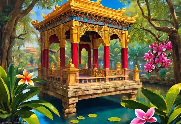 ultrahd, 4k, realistic, water village, tropical, canals, San Cristobal de Las Casas, plumeria, orchid, gilded cage, baroque, glass art, prism, wat, suncatcher, richly patterned brocade, washi paper walls, Algiers, Angkor Wat, Chinese flower garden, Hanging Gardens of Babylon, Puebla, Xochicalco, flower boat, clear skies, fountain, cenote, neon, Chinese lantern, Jaiphur, Bukkhara,