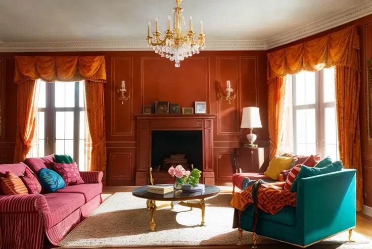 (archmagazine:1.0) photo of a maximalist living room, perspective view, video game concept art, hidden object video game, perfect composition, realistic, award-winning, architectural digest, architecture magazine cover, no humans