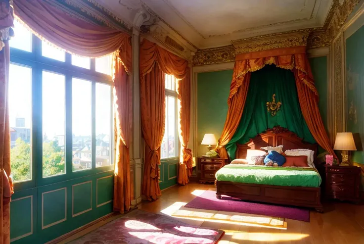 (archmagazine:1.0) photo of a maximalist bedroom, perspective view, video game concept art, hidden object video game, perfect composition, realistic, award-winning, architectural digest, architecture magazine cover, no humans