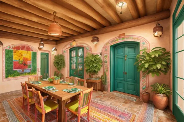 (Professional 3D rendering:1.3),(Ultrarealistic:1.3), style of (archmagazine:1.0), the perspective of a minimalist Mexican restaurant interior with (Cozy ambiance), (Warm lighting), (Colorful decor), (a locked door, a front view, in the center of the scene), (Rustic wooden chairs), (Hand-painted ceramic plates), (Traditional clay pots), (Woven table runners), (Brightly colored napkins), (Fresh flowers in vases), (Mexican glassware), (Lush green plants), (Artistic murals on walls), (Mexican pottery wall hangings), (Authentic terracotta tiles), video game concept art, hidden object video game, room escape video game, perfect composition, realistic, award-winning, architectural digest, architecture magazine cover, no humans