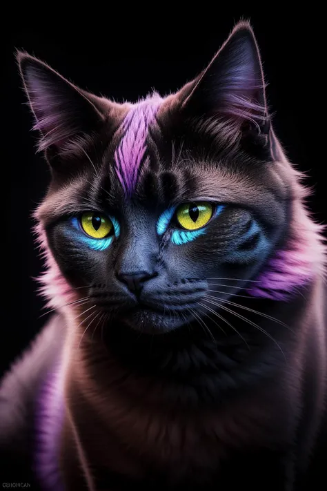 animal portrait of a cat, GlitterStyle, black background, fluffy, black, orange, neon, blue, pink, purple, 
highly detailed, realistic,
<lora:GlitterStyle:0.6>