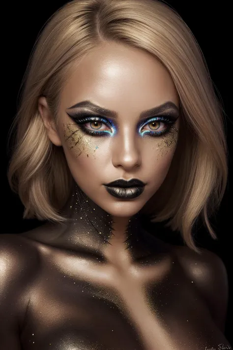 studio portrait of a woman, GlitterStyle, makeup, eyeshadow, mascara, black background, bodypaint, upper body, blonde hair,
highly detailed, realistic,
<lora:GlitterStyle:0.8>