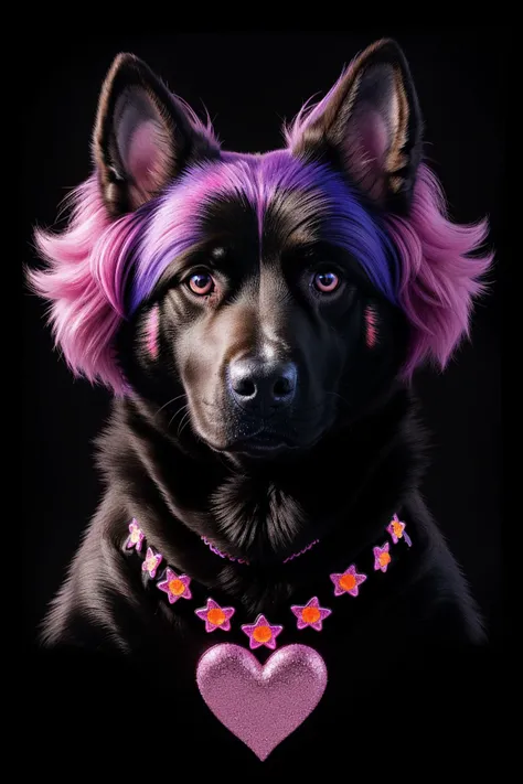 animal portrait of a dog, GlitterStyle, black background, fluffy, black, orange, neon, blue, pink, purple, 
highly detailed, realistic,
<lora:GlitterStyle:0.6>