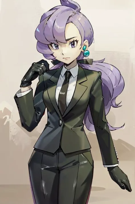 (masterpiece, best quality:1.2), 1girl, solo, anabel, pokemon, long hair, ponytail, purple hair, bangs, purple eyes, gloves, long sleeves, jewelry, earrings, shoes, black gloves, collared shirt, black pants, formal, suit, black necktie, simple background <lora:ANABEL-15:0.7> <lora:kenSugimori1990sClassic_v12:0.8>