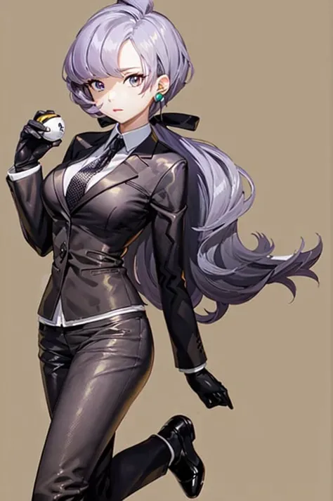 (masterpiece, best quality:1.2), 1girl, solo, anabel, pokemon, long hair, ponytail, purple hair, bangs, purple eyes, gloves, long sleeves, jewelry, large breasts, earrings, shoes, black gloves, collared shirt, black pants, formal, suit, black necktie, (holding, pokeball:1.1), simple background <lora:ANABEL-15:0.8>