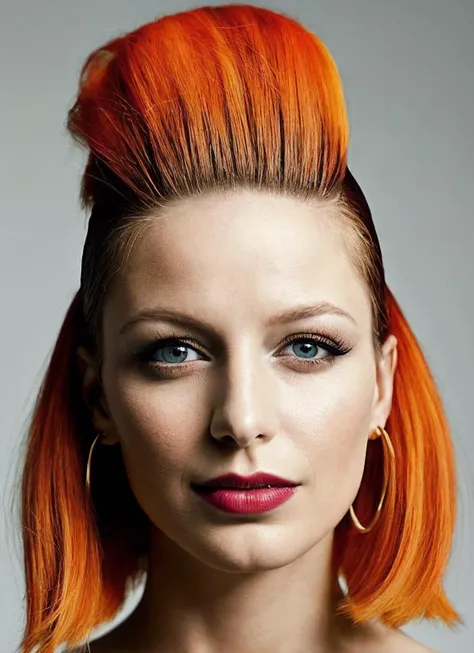 portrait of sks woman by Flora Borsi, style by Flora Borsi, bold, bright colours, orange Mohawk haircut, ((Flora Borsi)), <lora:locon_melissa_v1_from_v1_64_32:1.3>