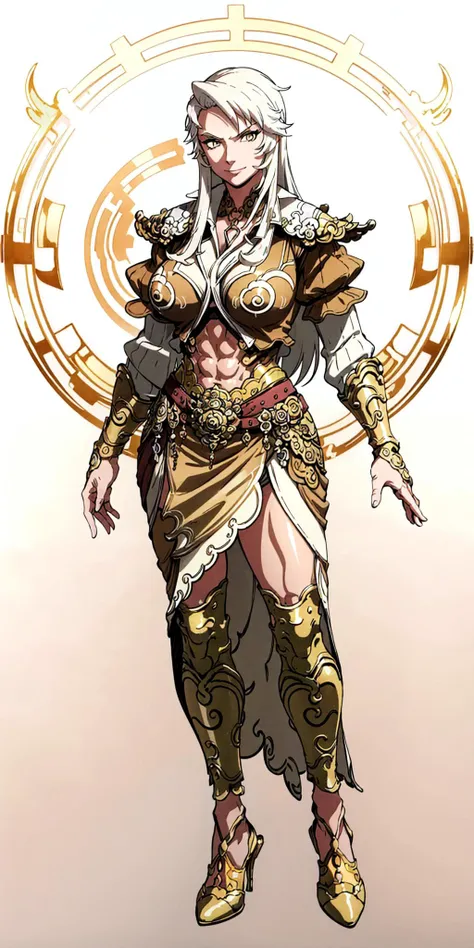 masterpiece, best quality, 1girl, olga, long hair, white hair, amber eyes, (muscular:1), muscles, abs, biceps, thighs, obliques, abs lines, naval, thighs, fit, (gigantic breasts), buffed, (closed mouth, half smile), cleavage, side slit, ornate dress, golden armor, chest plate, gauntlets, skirt that extends a little portion past her knees, golden leg guards, high heeled shoes, white background, anime screencap, full body <lora:Olga:1>
