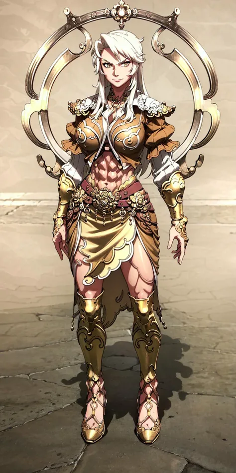 masterpiece, best quality, 1girl, olga, long hair, white hair, amber eyes, (muscular:1), muscles, abs, biceps, thighs, obliques, abs lines, naval, thighs, fit, (gigantic breasts), buffed, (closed mouth, half smile), cleavage, side slit, ornate dress, golden armor, chest plate, gauntlets, skirt that extends a little portion past her knees, golden leg guards, high heeled shoes, white background, anime screencap, full body <lora:Olga:1>