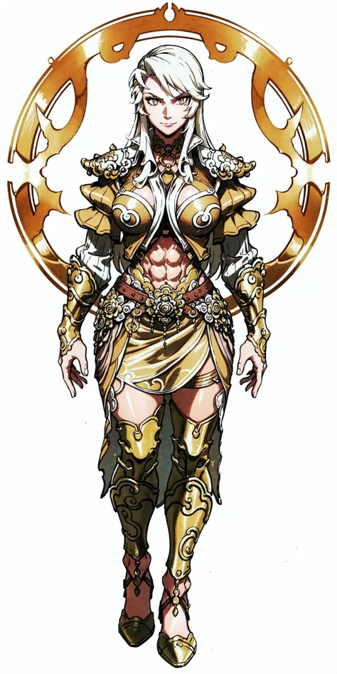 masterpiece, best quality, 1girl, olga, long hair, white hair, amber eyes, (muscular:1), muscles, abs, biceps, thighs, obliques, abs lines, naval, thighs, fit, (gigantic breasts), buffed, (closed mouth, half smile), cleavage, side slit, ornate dress, golden armor, chest plate, gauntlets, skirt that extends a little portion past her knees, golden leg guards, high heeled shoes, white background, anime screencap, full body <lora:Olga:1>