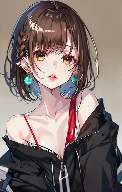 1girl, bangs, black_jacket, black_nails, blue_nails, braid, brown_background, brown_eyes, brown_hair, brown_nails, collarbone, dated, ear_piercing, earrings, gradient, gradient_background, green_nails, grey_eyes, grey_hair, hair_ornament, hairclip, heart_earrings, jacket, jewelry, long_sleeves, looking_at_viewer, off_shoulder, open_clothes, orange_nails, parted_lips, piercing, red_nails, shirt, short_hair, sleeves_past_wrists, solo, sweater, upper_body <lora:style_Aobeni:0.8>