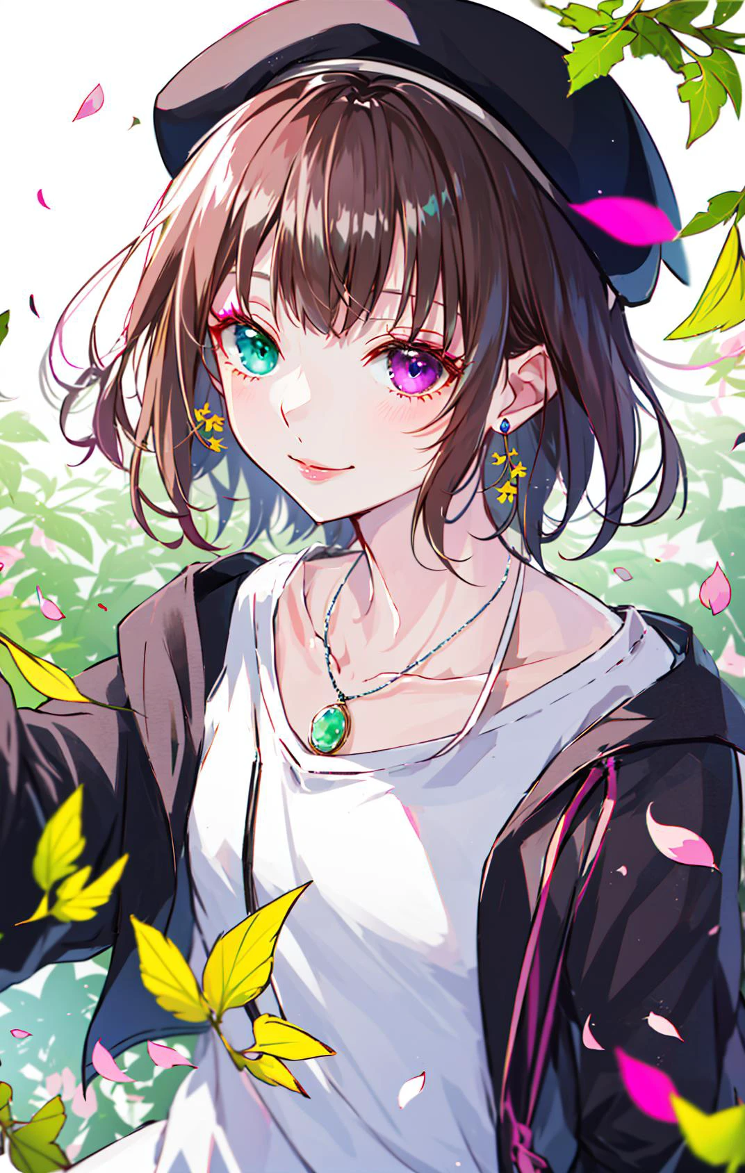 1girl, beret, arm_up, bangs, black_headwear, blue_eyes, branch, brown_hair, cherry_blossoms, closed_mouth, collarbone, confetti, earrings, eyebrows_visible_through_hair, falling_leaves, falling_petals, floating_hair, flower, flower_earrings, ginkgo_leaf, graduation, hanami, hand_on_headwear, hat, heterochromia, jewelry, leaves_in_wind, looking_at_viewer, makeup, necklace, pendant, petals, petals_on_liquid, pink_nails, purple_nails, red_eyes, rose_petals, shirt, short_hair, smile, solo, spring_\(season\), upper_body, white_shirt, wind, wind_lift <lora:style_Aobeni:0.8>