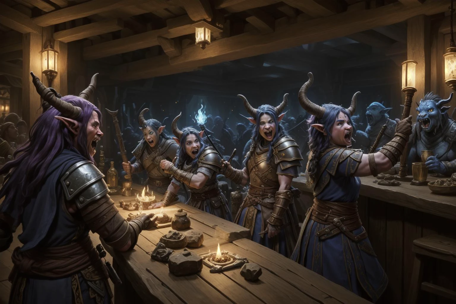 (Everyone looking at camera making a ral-drp face) +++. A whimsical war brewing in a well lit brightly colored High resolution 8K Fujifilm photograph professionally staged, professional lighting, panoramic view <lora:Fantasy_ClassesXL:1> <lora:Fantasy:0.8> <lora:Fantasy_Races_XL:1> (2 large tiefling sorcerer yelling at 1 timid blue dragonborn artificer)+++(1goblin barbarian makes faces at 1 firbolg monk)++, (1water genasi Paladin dancing with 1halfling warrior)++ (1 shifter attends the counter in the tavern) <lora:DonMD34thM4g1cXL_v3.0:0.8> DonMD34thM4g1cXL <lora:ral-drp:0.8> ral-drp