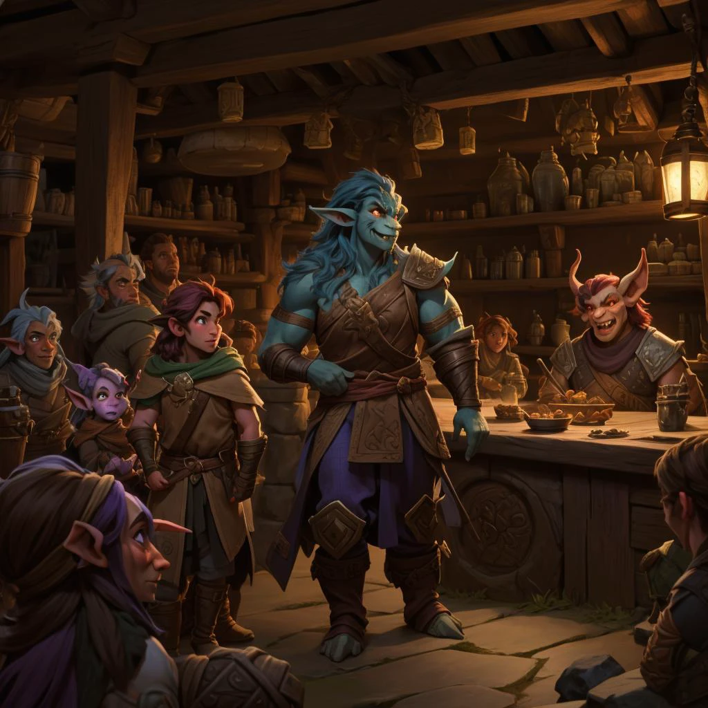 <lora:Fantasy_ClassesXL:1> <lora:Fantasy:0.8> <lora:Fantasy_Races_XL:1> tiefling, dragonborn, goblin, firbolg, genasi, halfling, shifter, man, large in a tavern