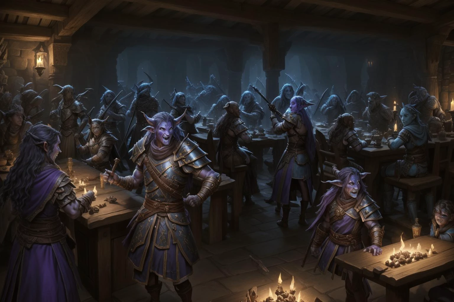(Everyone looking at camera making a ral-drp face) +++. A whimsical war brewing in a well lit brightly colored High resolution 8K Fujifilm photograph professionally staged, professional lighting, panoramic view <lora:Fantasy_ClassesXL:1> <lora:Fantasy:0.8> <lora:Fantasy_Races_XL:1> (2 large tiefling sorcerer ral-drp at 1 timid blue dragonborn artificer)+++(1goblin barbarian makes ral-drp faces at 1 firbolg monk)++, (1water genasi Paladin dancing with ral-drp face 1halfling warrior)++ (1 shifter attends the counter in the tavern) <lora:DonMD34thM4g1cXL_v3.0:0.8> DonMD34thM4g1cXL <lora:ral-drp:0.8> ral-drp