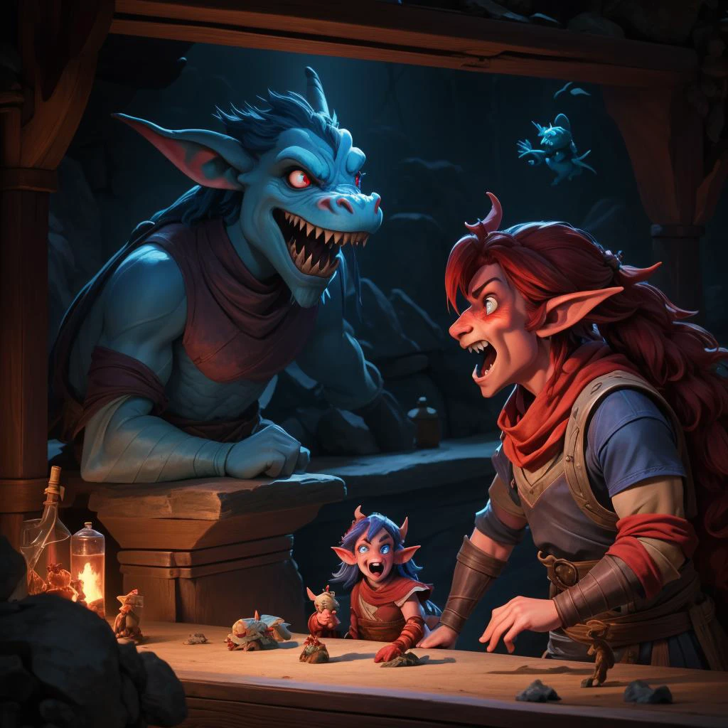 High resolution AK Fujifilm photograph professionally staged and lit <lora:Fantasy_ClassesXL:1> <lora:Fantasy:0.8> <lora:Fantasy_Races_XL:1> a large red tiefling yelling at a timid blue dragonborn as a goblin makes faces at a firbolg, water genasi is dancing with a halfling, as a shifter attends the counter in the tavern