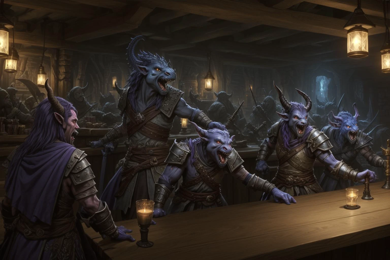 Everyone looking at camera ral-drp A whimsical war well lit brightly colored High resolution 8K Fujifilm photograph professionally staged, professional lighting, panoramic view <lora:Fantasy_ClassesXL:1> <lora:Fantasy:0.8> <lora:Fantasy_Races_XL:1> (2 large tiefling sorcerer yelling at 1 timid blue dragonborn artificer)+++(1goblin barbarian makes faces at 1 firbolg monk)++, (1water genasi Paladin dancing with 1halfling warrior)++ (1 shifter attends the counter in the tavern) <lora:DonMD34thM4g1cXL_v3.0:0.8> DonMD34thM4g1cXL <lora:ral-drp:0.8> ral-drp