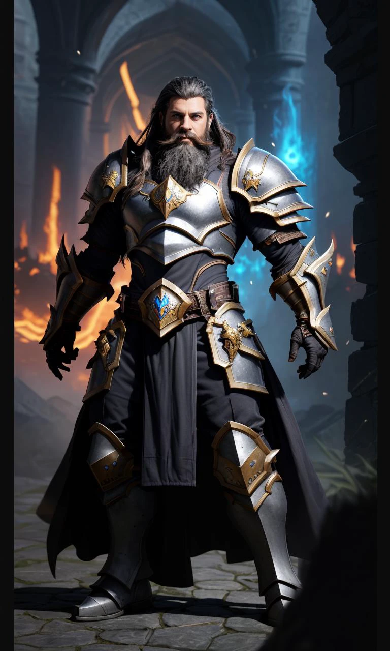 epicarmor2024, best quality, masterpiece, raw photo, depth of field, looking at viewer, pauldrons, magical, vibrant colors, fantasy, 5 fingers, depth of field, colorful, large gauntlets, magical armor, full body, dark wizard, beard, evil,