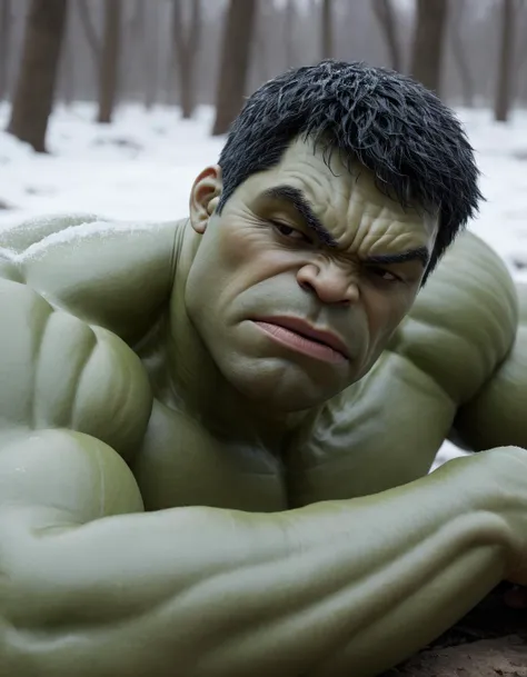Discouraged Glam The Hulk, sleeping pose, cinematic still of a point of interest in Tangshan in the winter, a brown Accomplished explorer . 35mm photograph, film, bokeh, professional, 4k, highly detailed, photorealistic hyperrealism anime CG film