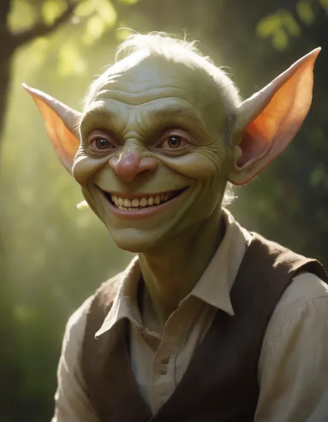 professional portrait style, a Goblin in spring, atmospheric lighting, cinematic composition, detailed, art by Alex Russell Flint, Smiling happily