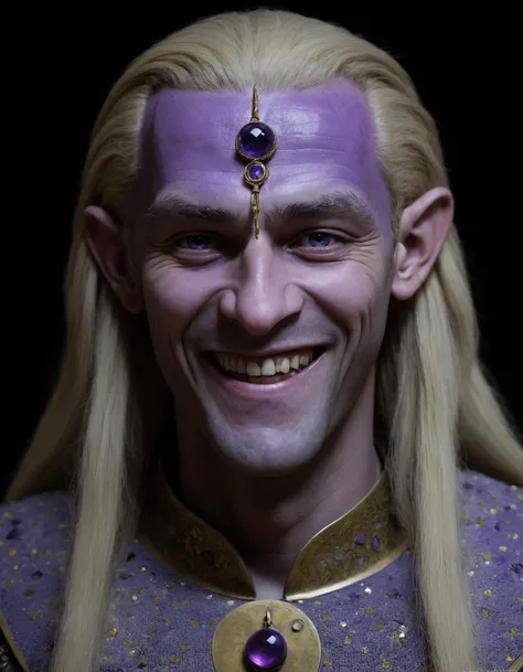 Mosaic-Like Iraqi Glorfindel with Purple skin, extremely content happy smile , High Fantasy Art Magical mythical enchanted epic enigmatic spellbinding  Hariton Pushwagner and by Adolph Gottlieb and by Trini Schultz