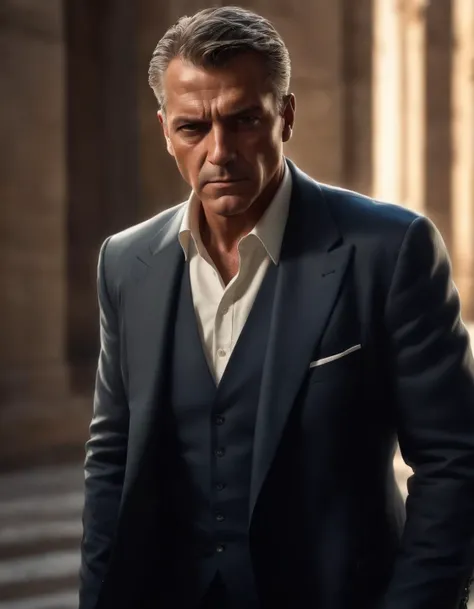Comic book style, celebrity in summer, atmospheric lighting, cinematic composition, detailed, art by Cagnaccio Di San Pietro,George Passantino, a look of severe determination
