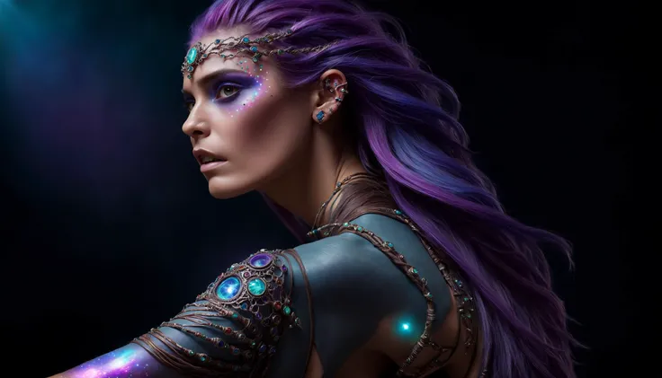 Iridescent skin radiating an ever-shifting glow. Hair like flowing strands of stardust, adorned with pulsing gemstones. Intricate tattoos on arms and fingers, writhing with ancient power. Fingers tracing symbols, conjuring shimmering lights and shadows.