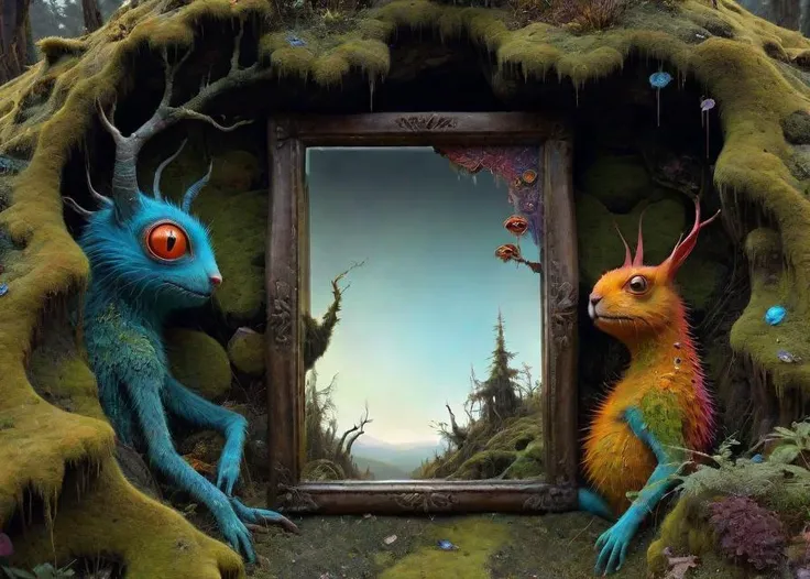 Reflection of a colourful fansty world inside intricate rectangle mirror, set inside a mossy hill, beautiful digital art, fansty creatures, contrast shading, detailed depth, clear indept reflection, in the style of Esao Andrews