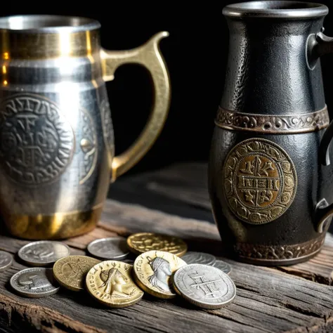 some of gold and silver small ancient coins on wooden table, Iron beer mug, (side view), (intricate details), (hyperdetailed), photo, masterpiece, best quality, 8k