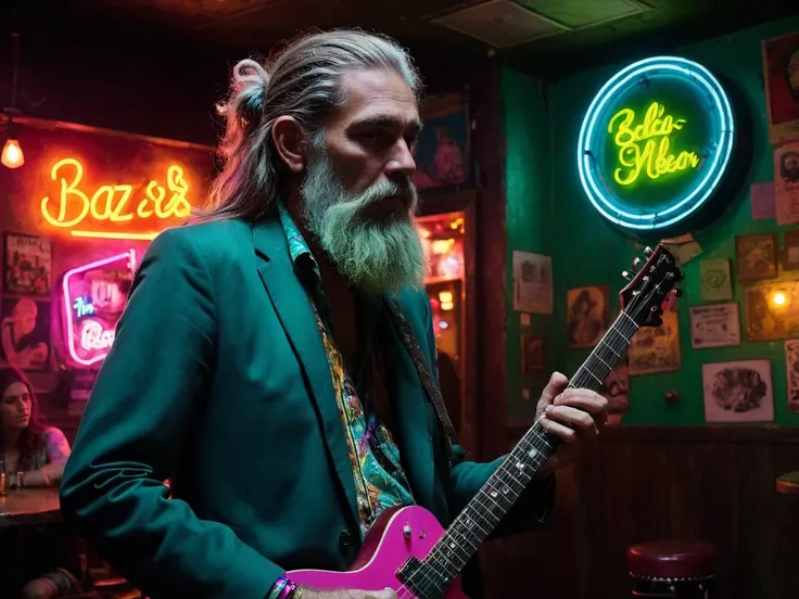 In a smoky, underground jazz joint, a grungy old hippie with greasy hair and a wild beard jams out on an electric guitar, infusing the air with the infectious rhythm of jazz. The bar's interior is a chaotic mix of psychedelic posters and vintage bar stools. The medium is a surreal digital painting, capturing the surreal and dreamlike quality of the scene. The art style is psychedelic and trippy, with vibrant, swirling colors that seem to melt into one another. The color palette is a kaleidoscope of neon pinks, purples, and greens, creating a hallucinatory effect. The lighting is surreal and otherworldly, with neon lights casting eerie glows on the musician's face.
<lora:lr_ehc_DetailedEyesXL_v3:0.5>, <lora:lr_ehc_DetailTweakerXL_v1:1>, <lora:lr_sld_ChestAdjustXL_v2:-10>