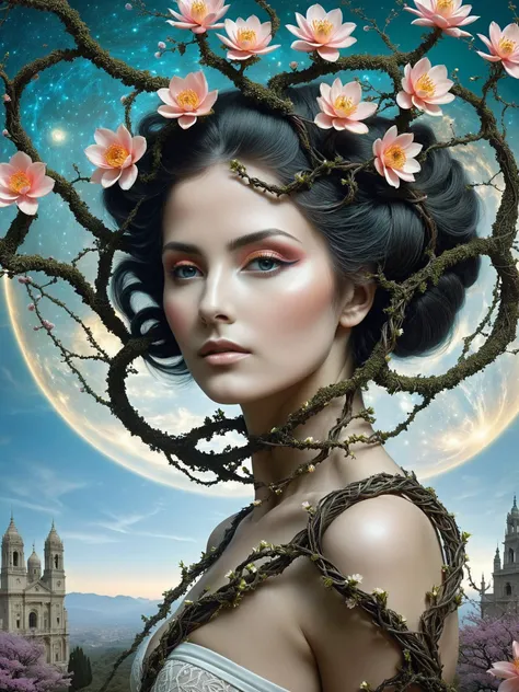 (masterpiece, best quality:1.4), (beautiful, perfect, delicate, detailed, intricate, aesthetic:1.2), (style of Igor Morski:1.4), (surrealism art:1.4), otherworldly, mutated nature woman, branches and vines intertwined with her limbs, blossoming flowers as hair, (upper thighs shot:1.3), celestial backdrop, ethereal glow, captivating transformation, (celestial color theme:1.2), perfect lighting, perfect shading,