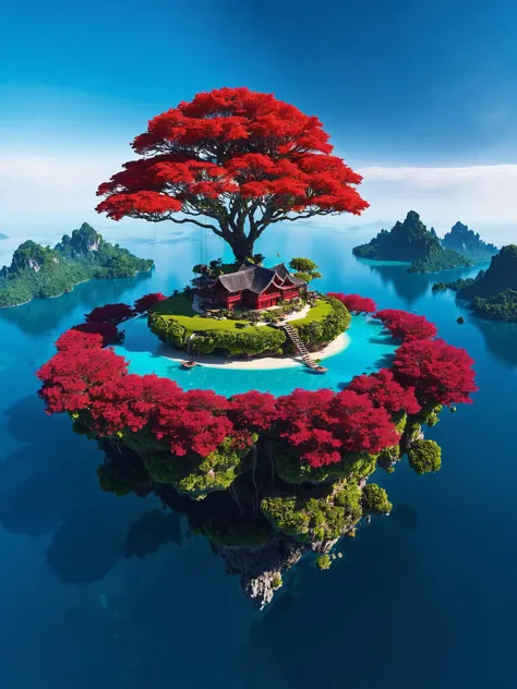 floating island, vibrant red, 8K, colorful colors,
