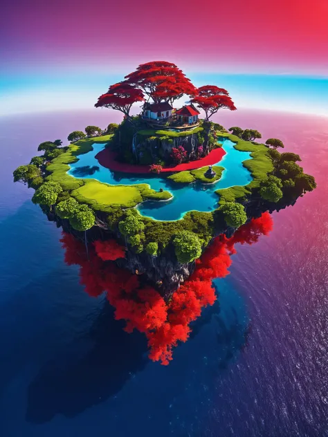 floating island, vibrant red, 8K, colorful colors,