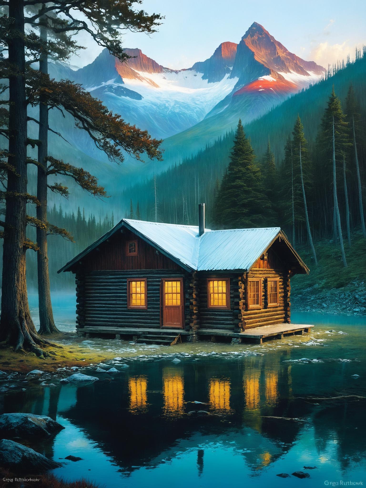 Painting of a cabin on a lake with mountains in the background - SeaArt AI